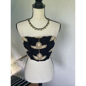 Zara Embroidered Strapless Smocked Black Tube Top Crop Bandeau XS Festival Boho